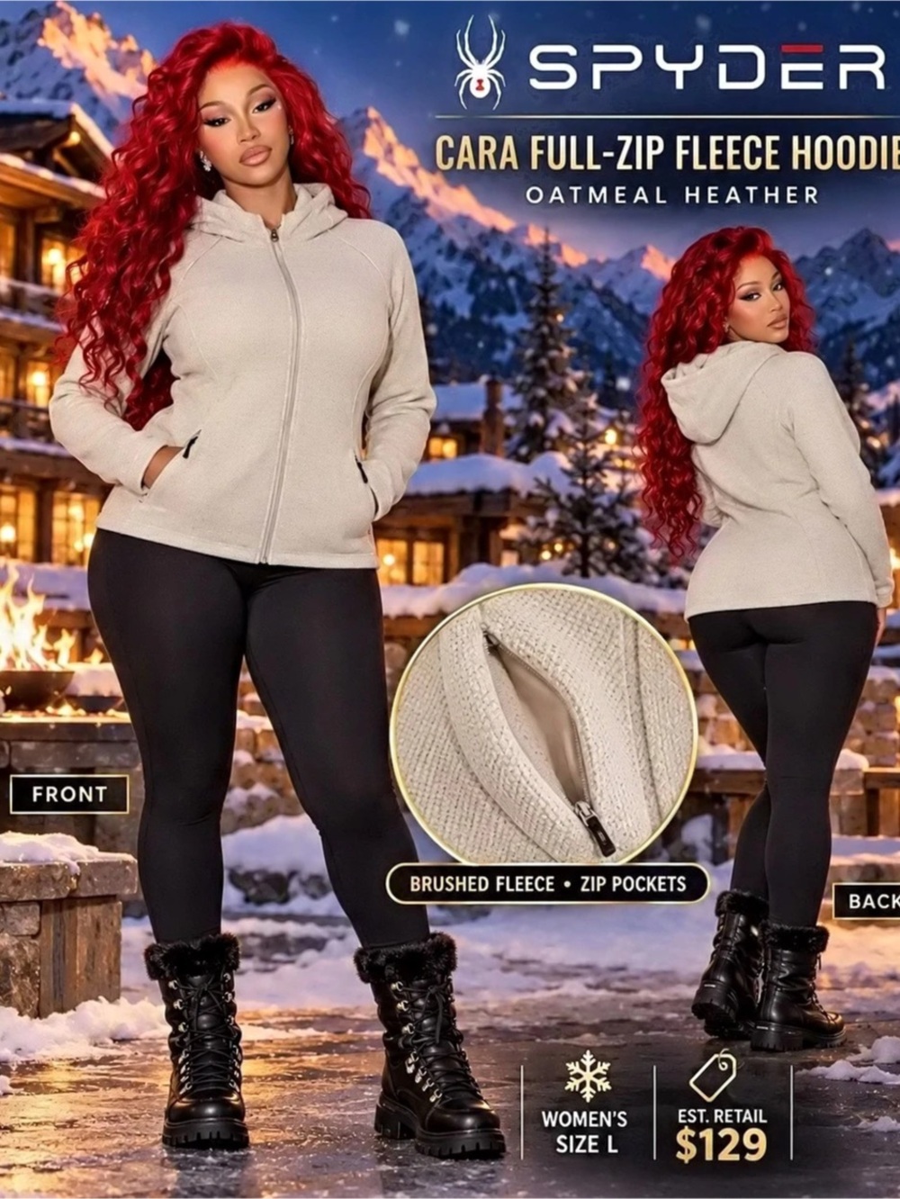 Spyder Cara Full-Zip Fleece Hoodie Cream & Black Large